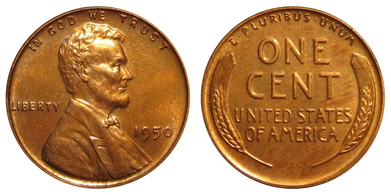 1950 Lincoln Wheat Penny obverse and reverse showing Lincoln portrait and wheat stalks