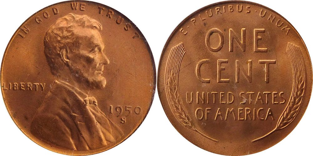 1950-S wheat penny normal mint mark compared side by side with the 1950-S/S RPM FS-504 triple-punched mint mark