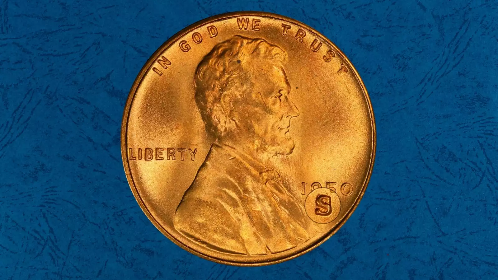 Close-up of 1950-S/S RPM FS-504 repunched mint mark showing triple overlapping S impressions on the 1950 wheat penny