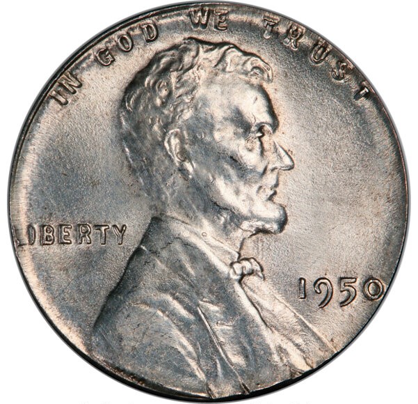 1950 wheat penny struck on a silver dime planchet shown next to a normal copper 1950 penny illustrating the dramatic size and color difference