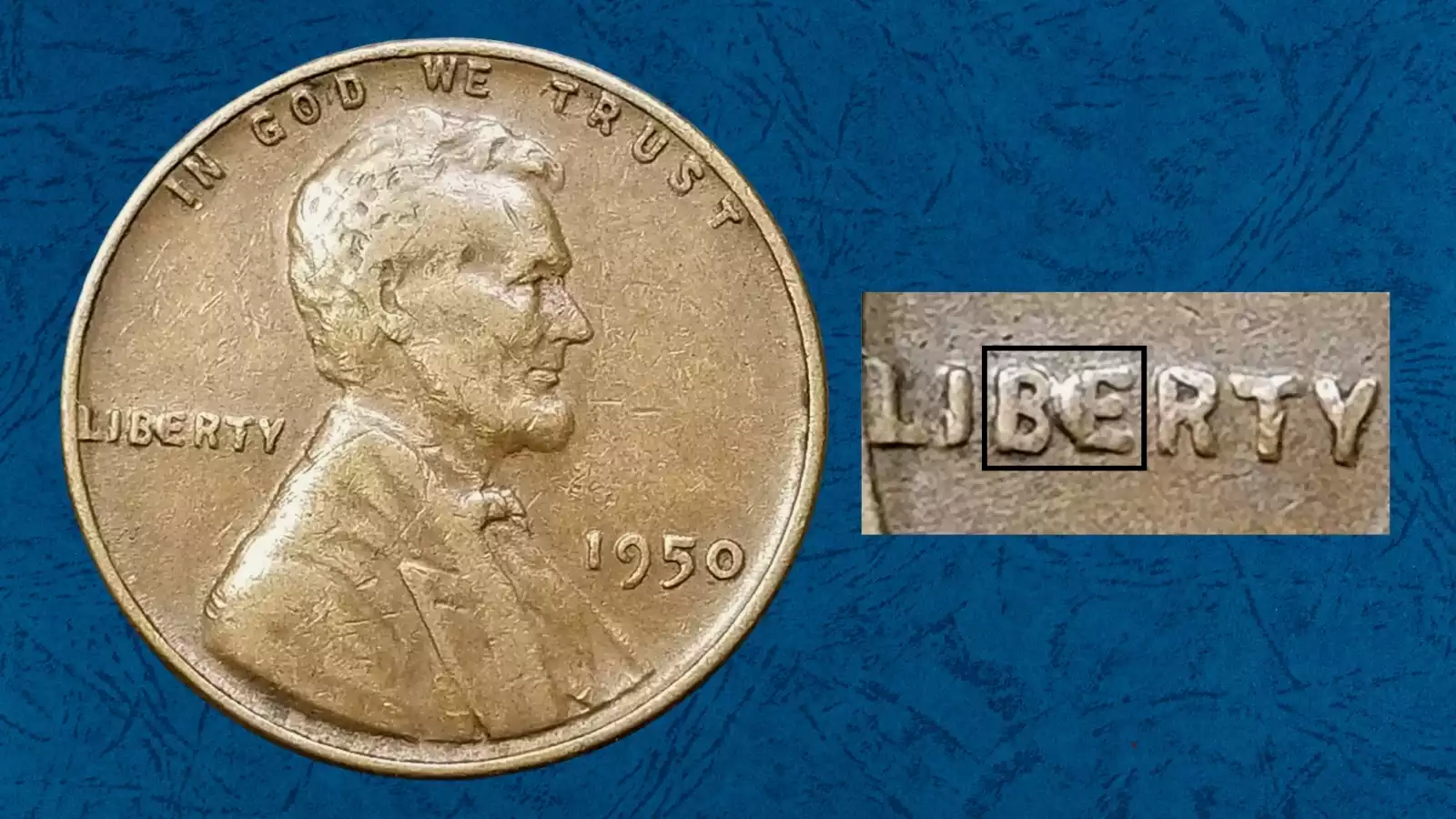 Close-up of 1950 wheat penny BIE die crack error showing raised I-shaped bump between the B and E in the word LIBERTY