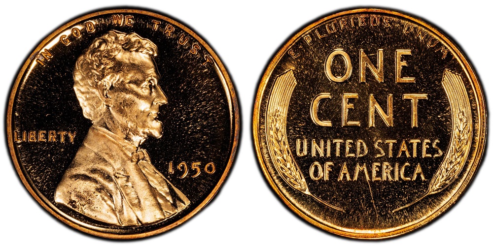 1950 proof wheat penny Deep Cameo (DCAM) showing frosted Lincoln portrait against mirror-polished fields in high-grade condition