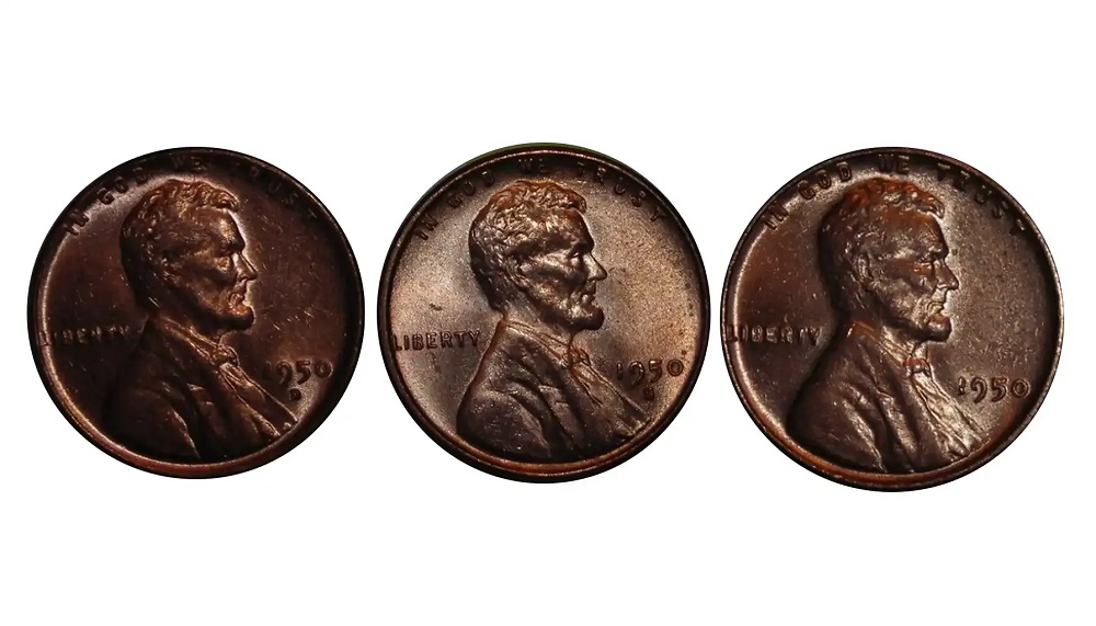 Group of four 1950 Lincoln wheat pennies representing the Philadelphia, Denver, San Francisco, and Proof issues arranged together