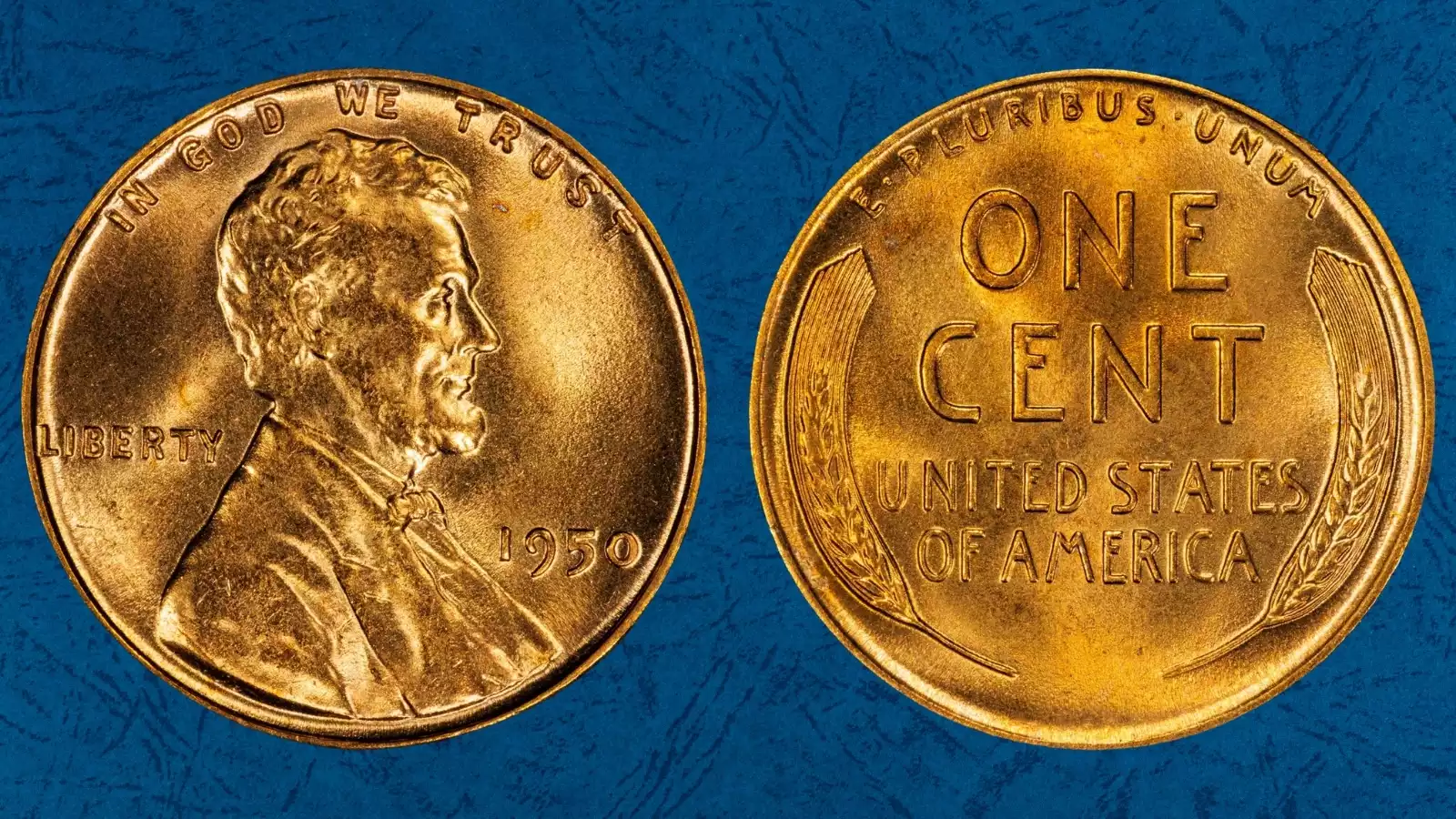 1950 wheat penny grading strip showing four condition examples from Good (heavily worn) through Fine, Extremely Fine, to Gem Uncirculated with original red luster